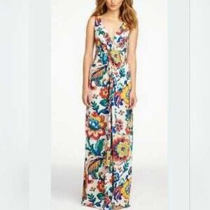 Tory Burch Resort XS Silk Cotton Floral V-Neck Maxi Dress Empire Gathered Waist